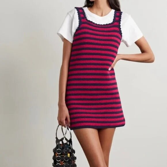 Re/Done Red & Navy Blue Striped 70s Crochet Tank Dress, Size L, NWT! $395 - Picture 1 of 8